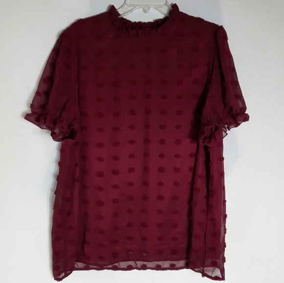 Shein Curve Plus Size 3XL Swiss Dot Top Blouse Size Burgundy Short Sleeve Lined - Picture 4 of 11
